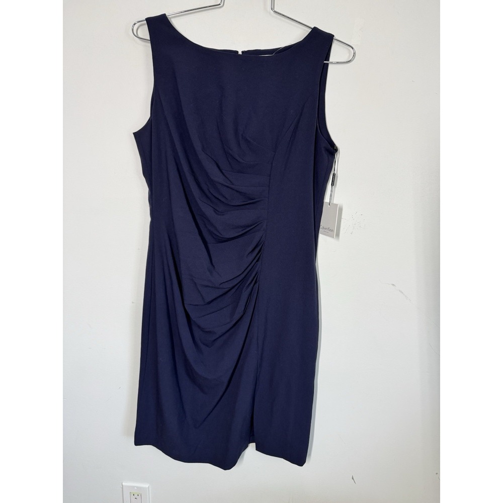NWT Calvin Klein Navy Side Rouched Sheath Dress Size 14 Stretch Cocktail Career